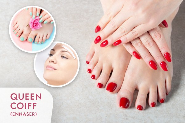 Soin des mains+ Soins des pieds + 2 poses vernis permanent+Gel capsule mains et pieds + Epilation Visage+ Epilation sourcils